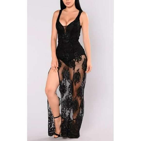 Fashion Nova Dresses & Skirts - Fashion Nova Finally Blossomed Maxi Dress S Black Floral Lace Mesh See Through